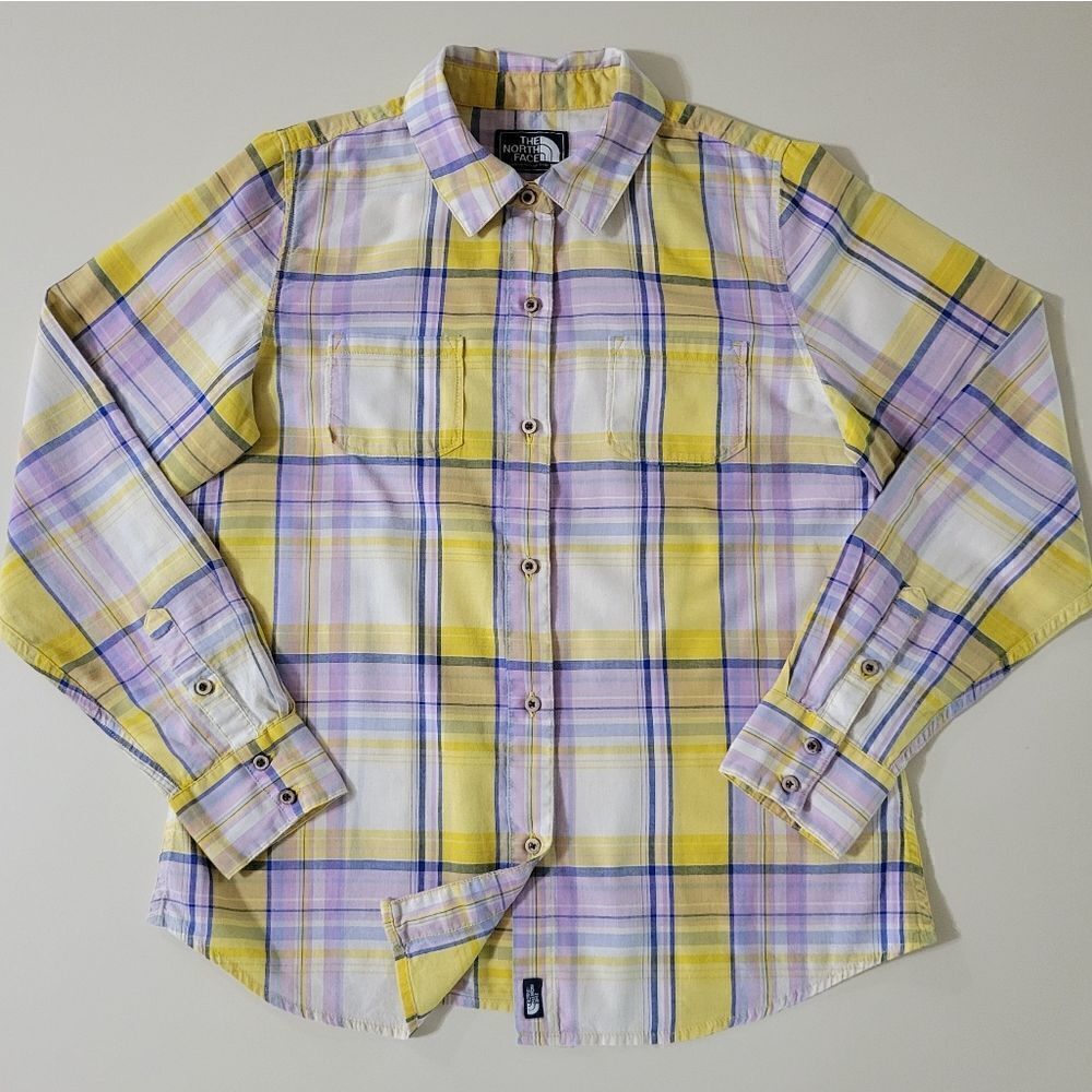The North Face Women's Plaid Cotton Long Sleeve Button-Down Shirt Yellow Purple